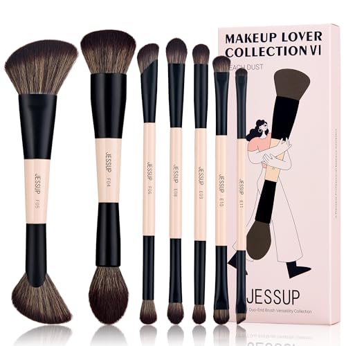 Jessup Peach Dust 7-Piece Double Sided Makeup Brush Set - Cruelty-Free, Travel-Friendly