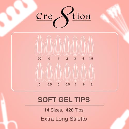 Extra Long Stiletto Gel Nail Tips - Soft Gel, XL Tips in 14 Sizes, Cre8tion