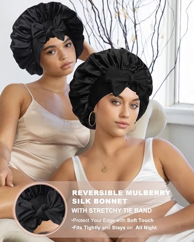 AWAYTR 2-Pack Black Mulberry Silk Sleep Bonnet for Curly Hair Women Reversible Sleep Cap