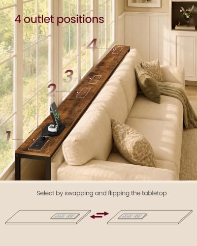 VASAGLE Rustic Brown & Matte Black 78.7-Inch Adjustable Console Table with Power Outlet, 5.9