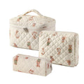 3 Pcs Quilted Cotton Makeup Pouch, Coquette Floral Quilted Toiletry Makeup Bag for Women and Girls, Aesthetic Travel Organized Cosmetic Bags(03Bear Pattern)