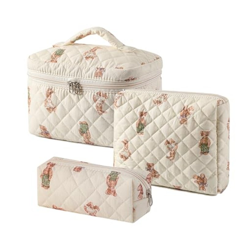 3 Pcs Quilted Cotton Makeup Pouch, Coquette Floral Quilted Toiletry Makeup Bag for Women and Girls, Aesthetic Travel Organized Cosmetic Bags(03Bear Pattern)