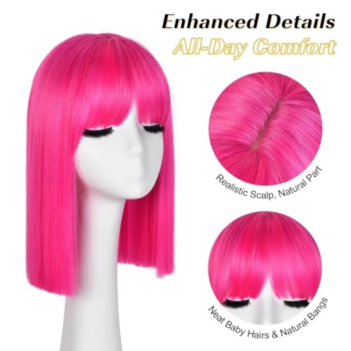 Pink Hot Bob Wig for Women - Short Synthetic Straight Wig with Bangs, Adjustable Fit