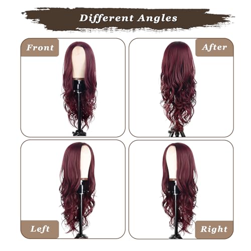 Refined Hair Long Burgundy Wavy Wig 26in for Women - Middle Part, Heat-Resistant Synthetic Fiber, Comfortable Fit
