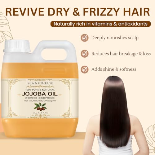 ISLA & FONTANE Jojoba Oil Set ? 2L/67.6 Fl Oz | 100% Pure & Natural | Golden, Unrefined, Cold Pressed | 2 Dropper Bottles & Beauty Massager | Hexane-Free Carrier Oil for Skin, Hair, Face, Nails & Body