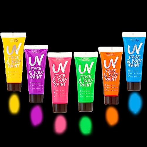 UV Face and Body Paint 10ml - 6 Pack - Neon Glow in the Dark Body Paint for Adults - Non Toxic, Vivid UV Reactive Makeup for Blacklight Parties & Events, Moisturizing Formula, by Splashes & Spills