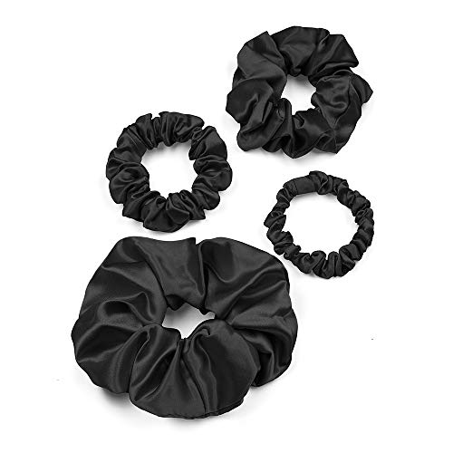 LilySilk 4-Piece Silk Hair Scrunchies Set - Black, 100% Mulberry Silk, Large & Skinny