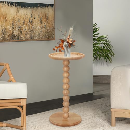 Natural Flower Boho Rattan Small Side Table - Solid Wood Nightstand for Small Spaces