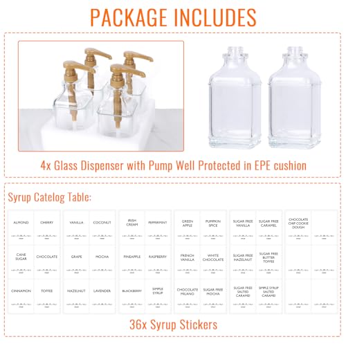 Gold Pump 4-Pack 16oz Coffee Syrup Dispenser Set Leak-Proof Glass Bottles