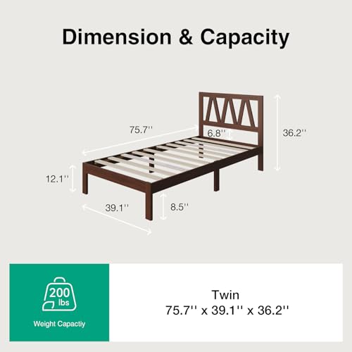 Twin Bed Frame Wooden Bed with Headboard - Walnut, No Box Spring Needed, Easy Assembly