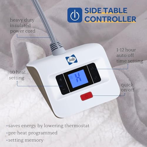 Twin Size Heated Blanket with Digital Controller - Flannel & Sherpa, Auto Off, Light Grey