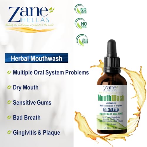 Zane Hellas Mouthwash with Oregano Oil – Herbal Alcohol & Fluoride Free, 2 fl oz