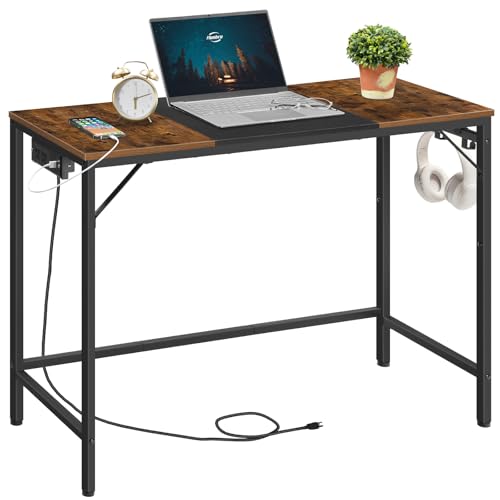 Small Computer Desk with Power Outlet & USB Ports - Rustic Brown + Black, 39.3W x 15.7D x 30.3H, Easy Assembly
