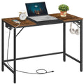 Small Computer Desk with Power Outlet & USB Ports - Rustic Brown + Black, 39.3W x 15.7D x 30.3H, Easy Assembly