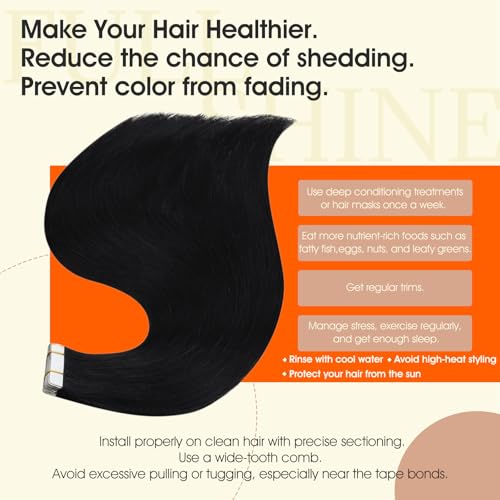 Full Shine Tape-In Human Hair Extensions - Jet Black, 24 Inch, 50G, 20 Pieces - Variation 1