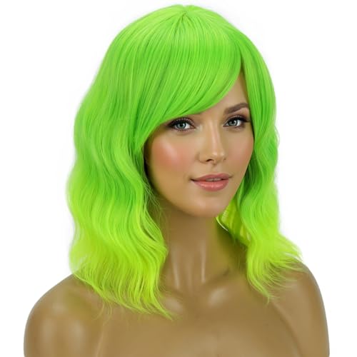 PATTNIUM Lime Green Short Wavy Wig for Women Girls - Fluorescent Synthetic Hair with Bangs