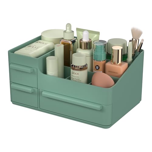 Green Makeup Organizer with Drawers and Brush Holders for Vanity