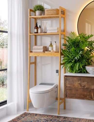 BAMBANG Natural Bamboo Over-the-Toilet 3-Tier Storage Shelf with Adjustable Height & Hooks