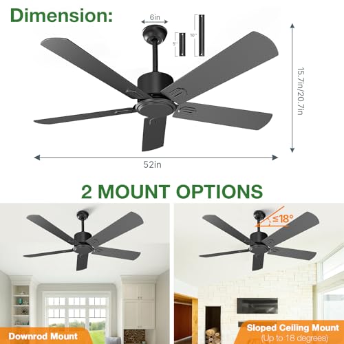 Obabala 52-Inch Black Outdoor Ceiling Fan No Light with Remote, 6-Speed Reversible DC Motor
