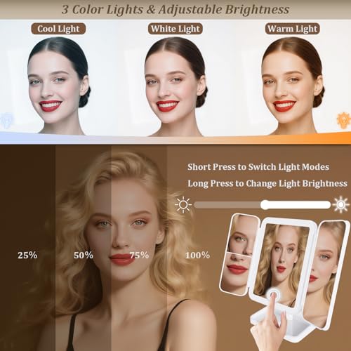 Makeup Mirror Vanity Mirror with Lights, 3 Color Lighting Modes, 1X/2X/3X Magnification, Tri-fold, 360¡Æ Rotation, Phone Holder for Makeup, 2000mAh Rechargeable, Bedroom, Bathroom, (White)