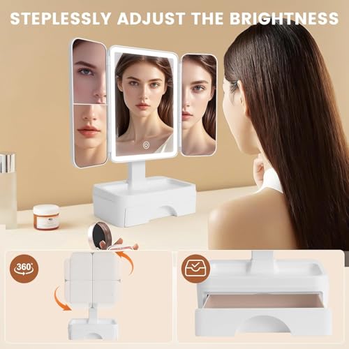 Tri fold Makeup Mirror with Lights,Storage,Magnification,Lighted Makeup Mirror with Storage,Vanity Mirror with Lights, Small Vanity Mirror