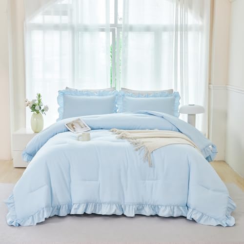 ANGIYUIN Light Blue Queen Comforter Set 5Pcs Ruffle Bedding Vintage Farmhouse Bed in a Bag for Girls Women