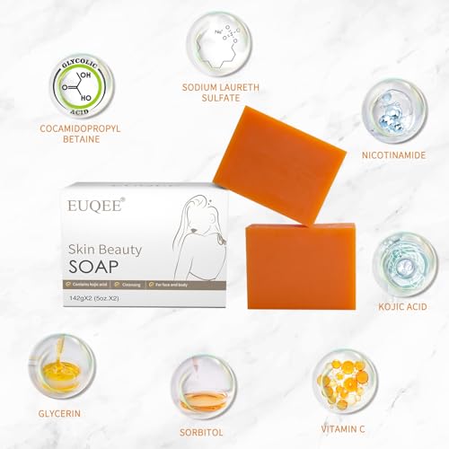 EUQEE Glutathione Kojic Acid Soap, 5 oz Glutathione Soap Bars with Glutathione, Vitamin C, Collagen for Rejuvenating Skin, Reduces the Appearance of Dark Spots Fine Lines with a Foaming Net- 2 x 142g