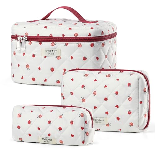 TOPEAST Makeup Bag, Large Quilted Cosmetic Bag, Big Floral Make Up Bag for Women Girls, Cute Cotton Makeup Bag Set, Flower Travel Toiletry Organizer Bag, Zipper Portable Cosmetic Pouch