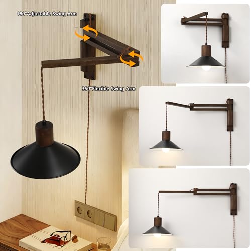Black Wood Plug-in Wall Lamp with Adjustable Swing Arm - Farmhouse Bedroom Lighting
