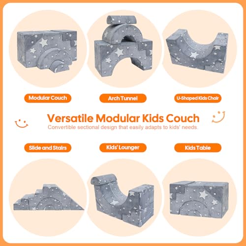 Starry Grey Glow-in-Dark Kids Foam Climbing Couch with Slide & Stairs