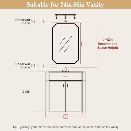 36-Inch Natural Light Woodgrain Rounded Corner Wall Mirror with Frame - Entryway & Living Room Decor