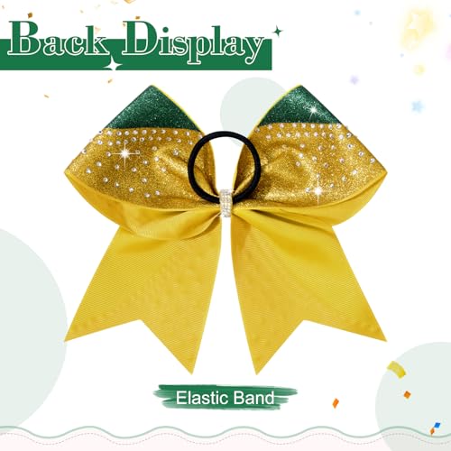 Aileam Glitter Cheer Bows Bulk Set - Green & Gold Rhinestone 8-Inch Cheerleading Hair Accessories for Girls & Teens Variation of A-Glitter Green/Gold+Rhinestone / 8" (6 Pack)
