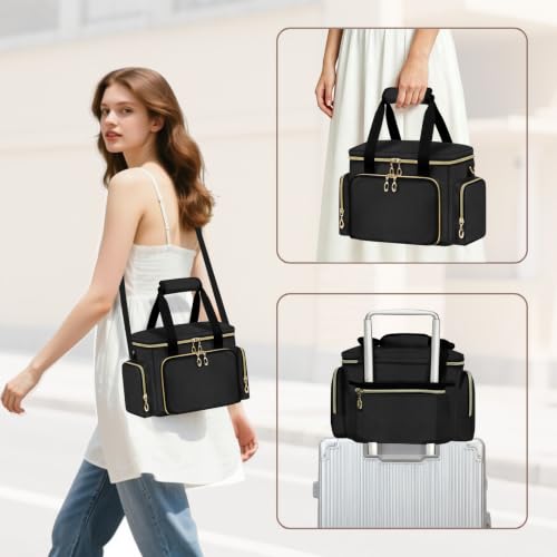 Large Travel Makeup Bag Organizer - Black, Medium Capacity, Brush Compartments