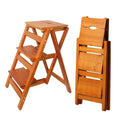 Brown 3-Step Folding Ladder Stool - Solid Pine Wood, Max 330 lb Capacity, Anti-Slip, Space-Saving Design for Home & Kitchen