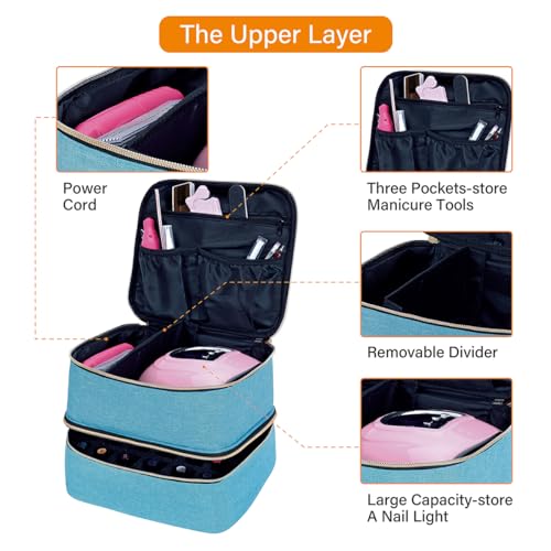 Nail Polish Organizer, Handheld Double Layer Organizer Holds 30 Bottles (15 ml/0.5 floz) with Adjustable Dividers for Nail Polish Small Manicure Lamp Manicure Tools and Travel,Light Green