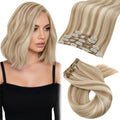 Clip-In Hair Extensions Short 12 Inch Golden Blonde Highlights Natural Human Hair