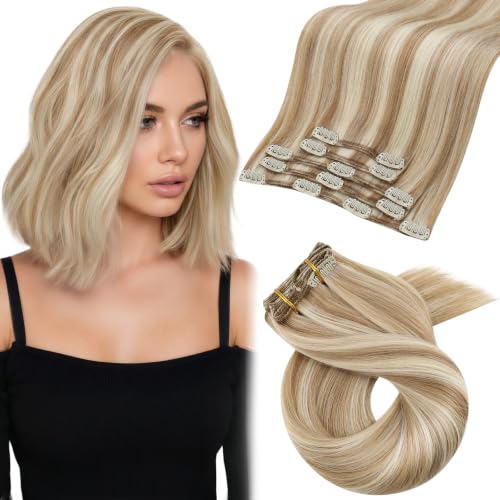 Clip-In Hair Extensions Short 12 Inch Golden Blonde Highlights Natural Human Hair