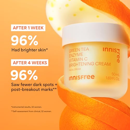 Innisfree Green Tea Enzyme Vitamin C Brightening Cream 50ml - Korean Face Moisturizer with Hyaluronic Acid for Dark Spots & Radiance