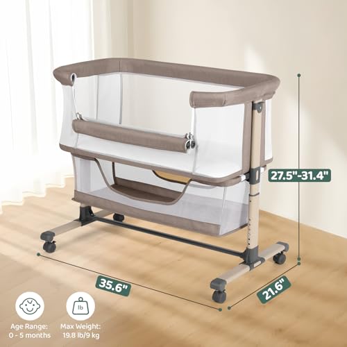Cowiewie Bassinet Bedside Sleeper Khaki - Breathable, Adjustable Baby Crib