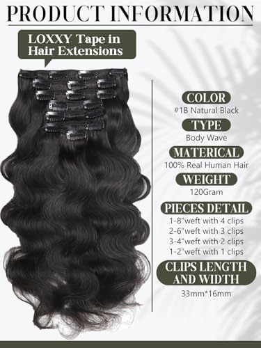 Black Hair Clip-In Extensions 16 Inch Body Wave Human Hair Natural Black