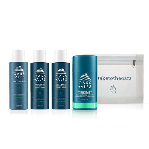 Oars + Alps Travel Kit for Men - Alpine Tea Tree Scent, Hair & Body Set with Reusable Pouch