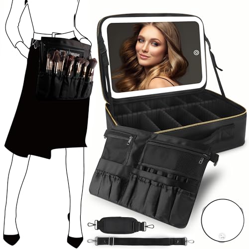 MOMIRA Large Makeup Train Case with Lighted and Mirror Partitionable Cosmetic Bag Travel Makeup Case Professional Cosmetic Artist Organizer, Waterproof Portable, with Shoulder Stra