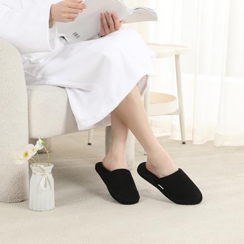 Biroris 3 Pairs Closed-Toe Cotton Terry Indoor Slippers for Women & Men, Black, Gray, White, Foldable & Washable, Travel & Guest Use