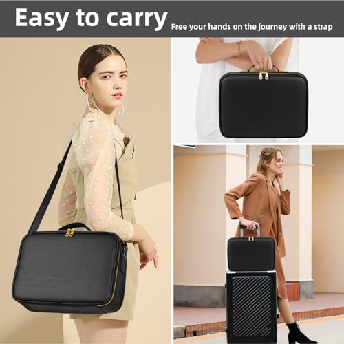 Large Travel Makeup Bag with LED Mirror - Black, 15 Inch