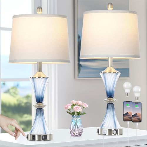 Blue Glass Table Lamp Set of 2 with USB-C & Power Outlet - Modern Bedroom Nightstand Lamps