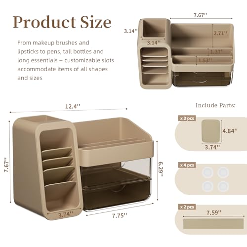 Jywantful Light Mocha Brown Makeup Organizer with Adjustable Brush Holders & Clear Drawers