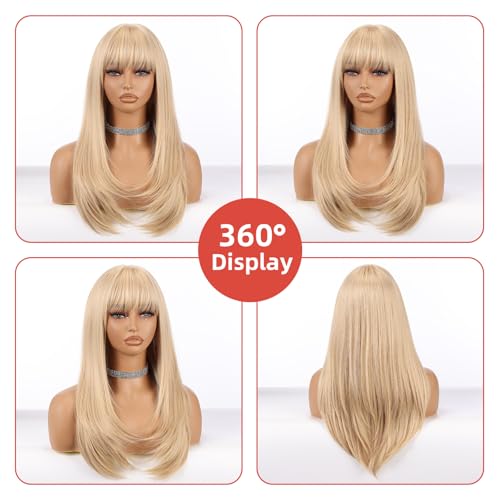 Allbell Blonde Long Straight Layered Wigs with Bangs - 22 Inch Synthetic Heat-Resistant Hair for Women