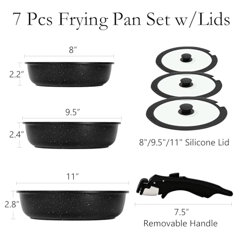 ESLITE LIFE 7-Piece Nonstick Skillet Set with Detachable Handles - Black, 8/9.5/11 Inch
