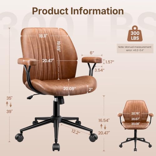 Brown Leather Office Chair - Ergonomic Executive Home Desk Chair with Removable Armrests