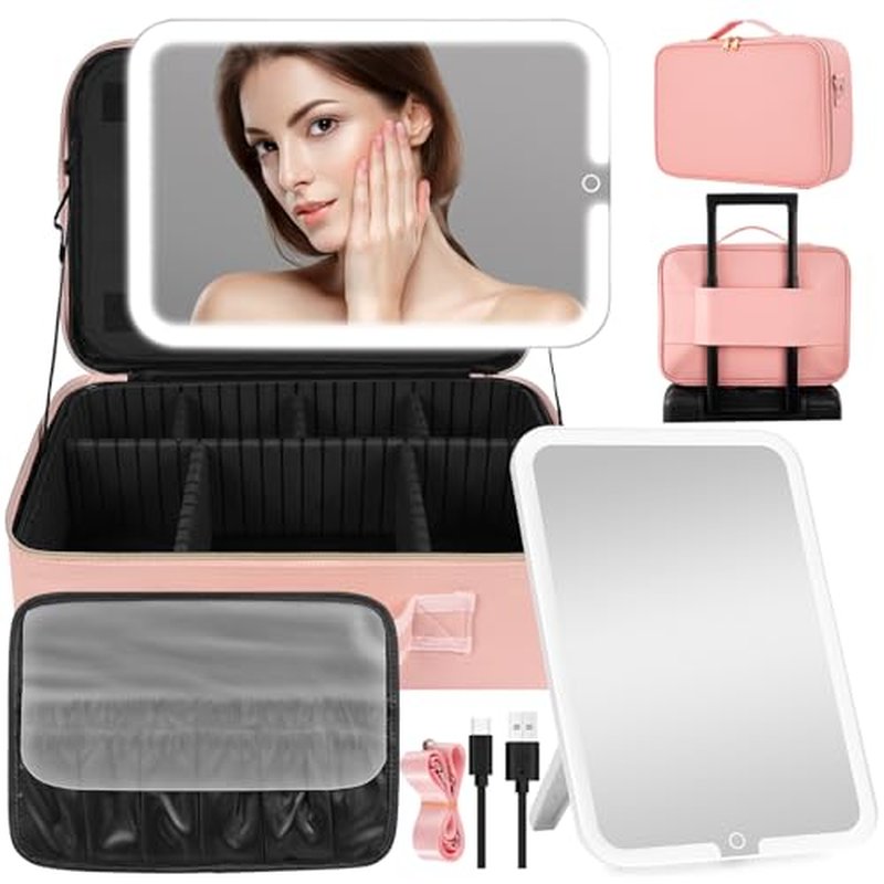 15''X11'' Makeup Bag with Removeable Lighted Mirror, Travel Makeup Case with 3 Color Lights Dimmable Brightness, Large Capacity Cosmetic Organizer Case with Detachable Dividers & Shoulder Strap